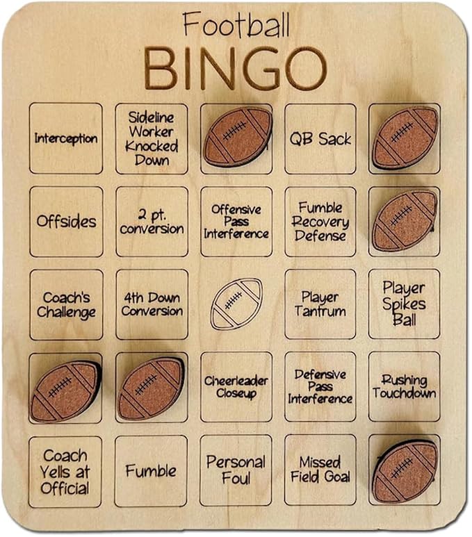Sports Bingo Chess and Card Game, Baseball Football Bingo Wooden Board Bingo Ball Game Set 4.3 * 5.1 inches, Adult Party Edition(Football)