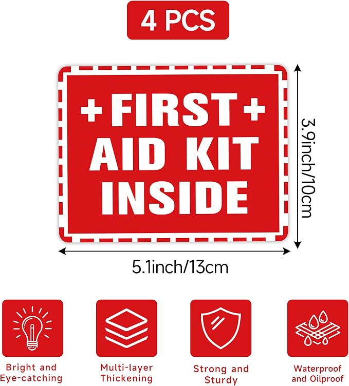 4PCS First Aid Sign Sticker, Self-Adhesive Waterproof First Aid Decals for First Aid Boxes, Emergency First Aid Kit Inside for Home, Car, Office, School, Factoryor Business 5.1''x3.9''