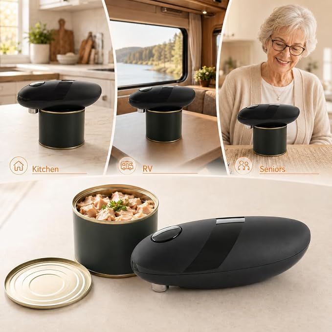 Battery Electric Can Opener, One-Touch,Hands-Free,Smooth Edge,Black,Compact | Effortless safe Automatic Fits Most Round & Square Cans Cord-Free Convenience Camping Kitchens RVs Beginner-Friendly