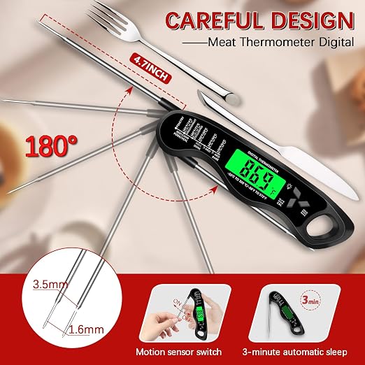 Cooking Thermometer，IP67 Waterproof Meat Thermometer Digital | Backlight，Magnetic attraction，Hold Function，Instant Read，LED screen，for Cooking,Outdoor Grilling