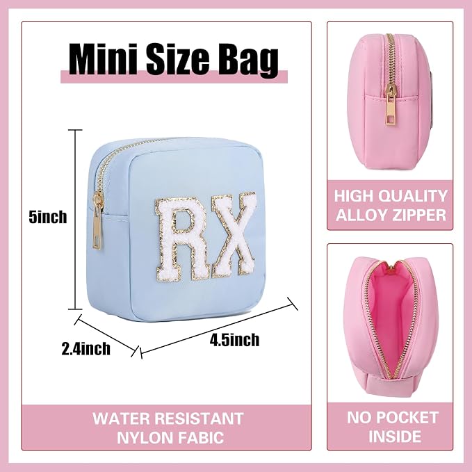 uekeboag Personalized Small Nylon Rx Cosmetic Bag, Cute Chenille Letter Patch Medicine Drug Pouch with Zipper,Preppy Makeup Travel Vitamin Bag for Women and Girls(Light Blue)