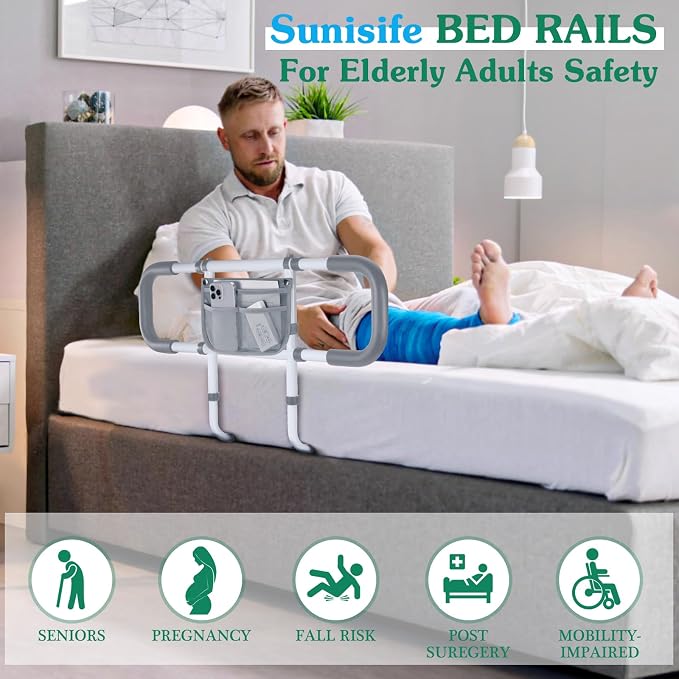 Bed Rails for Elderly Adults Safety - Extended Bed Assist Rail for Seniors - Adjustable Beds Side Rails Handle Support Bar Bed Guard with Storage Bag & Fixing Strap, Fit King Queen Full Twin Beds