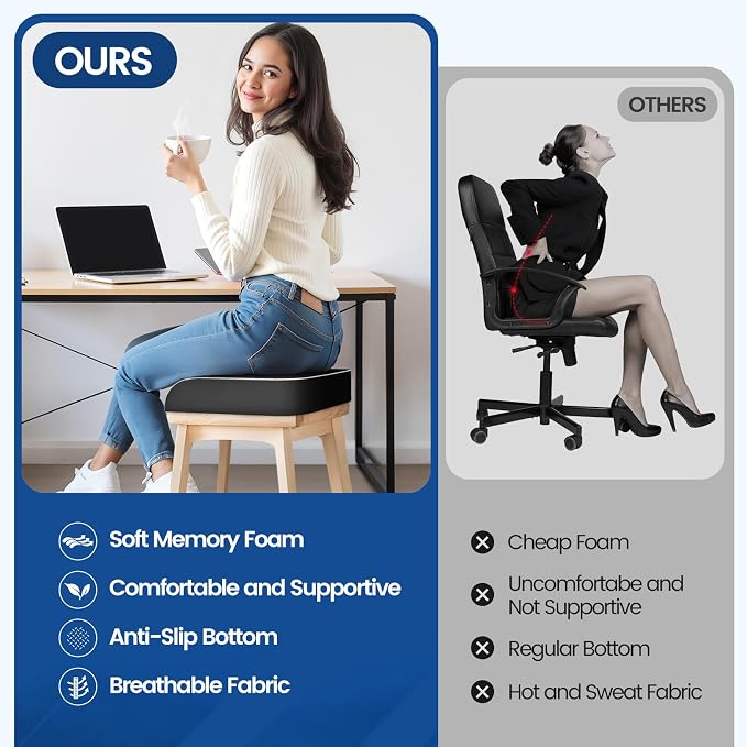 SweetSlubr Seat Cushion for Tailbone Pain Relief, Office Chair Cushion, Memory Foam Large Chair Pad with Non-Slip Cover for Soft Support at Office Chair, Car Seat, Airplane Black/XLarge