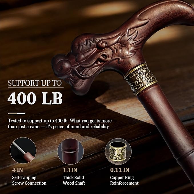 Wooden Walking Cane, 3D Dragon Engraved Cane Support up to 400 lb, Canes for Seniors Men Women of Different Heights