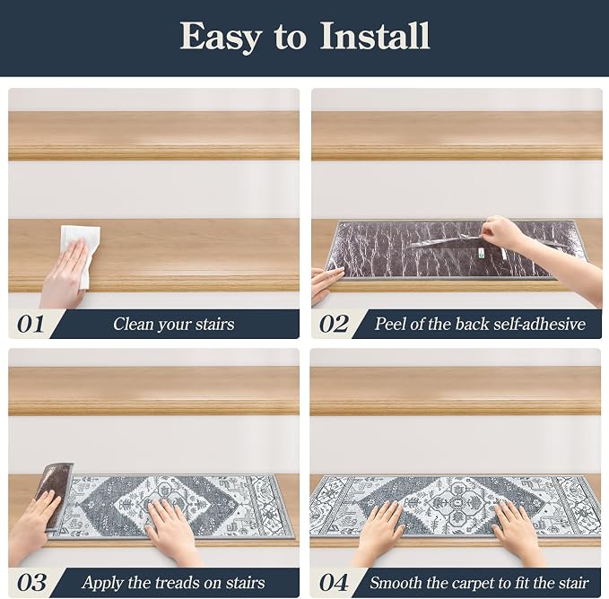 Lahome Non Slip Stair Treads Indoor 15 Pack 8" X 30" Carpet Treads for Wood Stairs, Washable Self Adhesive Stair Runners Stain Resistant Staircase Super Grippy Surface for Dogs & Seniors Dorie, Grey