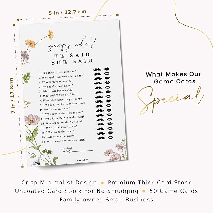 GardenCity Bridal Shower Games, He Said She Said Bridal Shower Game for 50 Guests, 50 Cards, Wildflower
