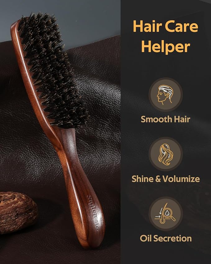 STYLEMATE Boar Bristle Mens Hair Brush | Slick Back Beard Brush with Natural Black Walnut Wooden Handle and Stiff Bristles for Thick & Fine Hair