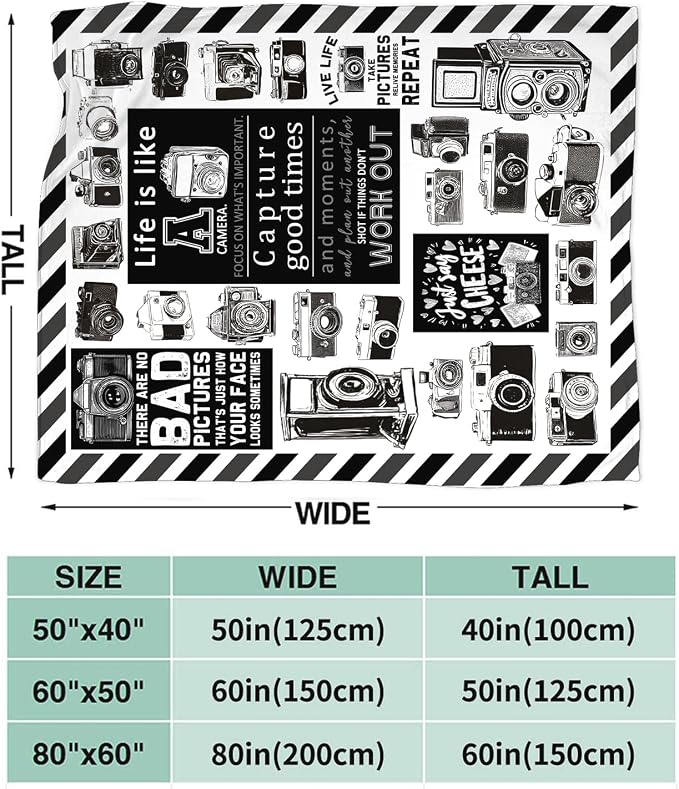 Yibuda Retro Camera Blanket Photography Flannel Plush Throw Blanket Cozy Black White Decor Fleece Stuff Blanket Gifts for Lover Girls Boys Kids Adults Women Bed Travel 50"x60"