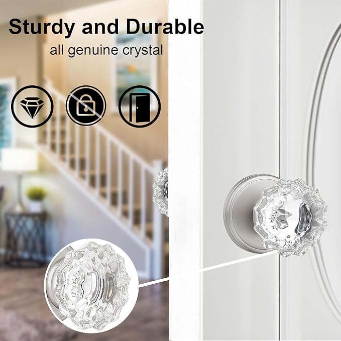 Crystal Dummy Door Knob, Inactive Glass Half-Dummy Door Knobs | for Hall/Closet, Brushed Nickel-4 Pack