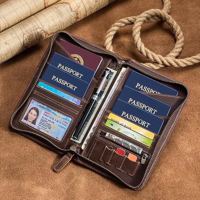 Crazy Horse Leather Passport Holder for Travel Family, Family Passport Holder for 6, Multiple Passport Holder Organizer, Leather Passport Wallet with Card Slots, Zipper Passport Wallet for Men Women