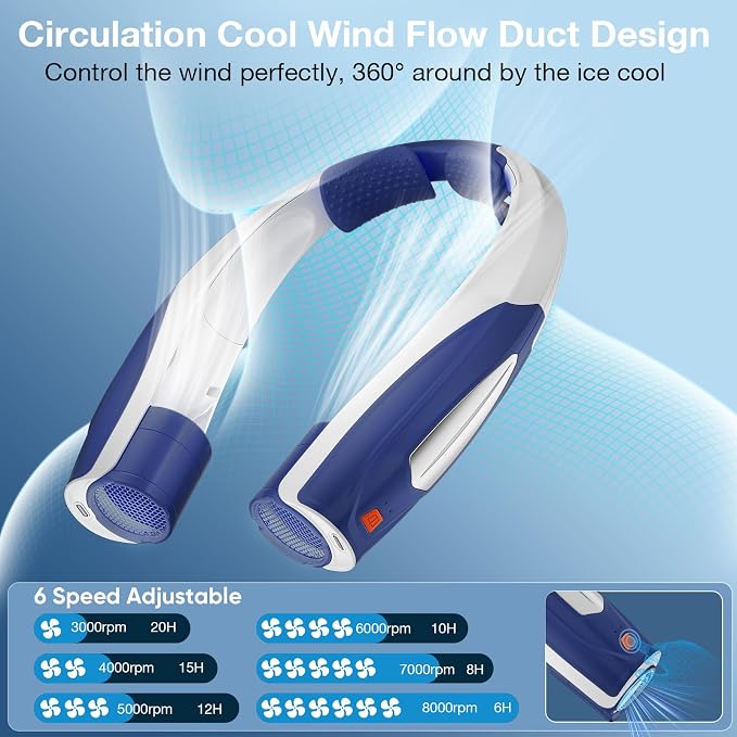 Hionly AI Neck Fan, 6 Speeds Adjustable Portable Personal Fan Rechargeable, 6000 mAh Battery Faster Cooling Wearable, Ultra Quiet for Home, Office, Travel, Outdoor
