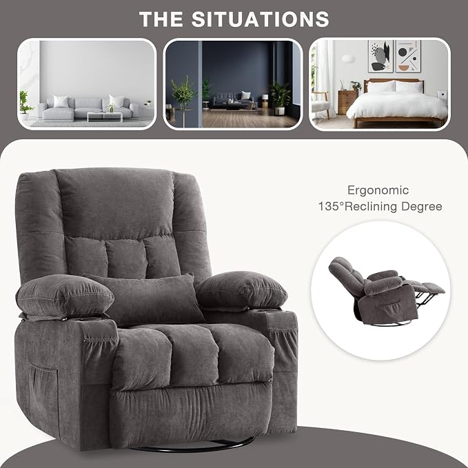 Massage Swivel Rocker Recliner Chair with Vibration Massage and Heat Ergonomic Lounge Chair for Living Room with Rocking Function and Side Pocket, 2 Cup Holders, USB Charge Port