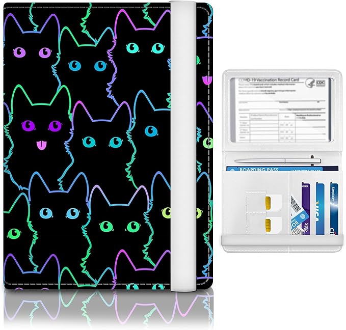 Passport Holder for Travel Essentials, RFID Premium Leather Passport Wallet Cover Case for Travel Must Haves Accessories, Passport Book Holders for Women Men Cute Black Cats