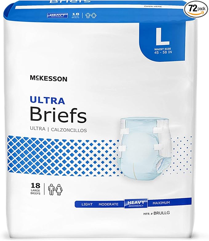 McKesson Ultra Briefs, [72 Count], Size L, 45-58 in. Incontinence Adult Diapers, Heavy Absorbency, Unisex, Disposable, Elastic Leg Gathers and Contoured Fit for Men and Women