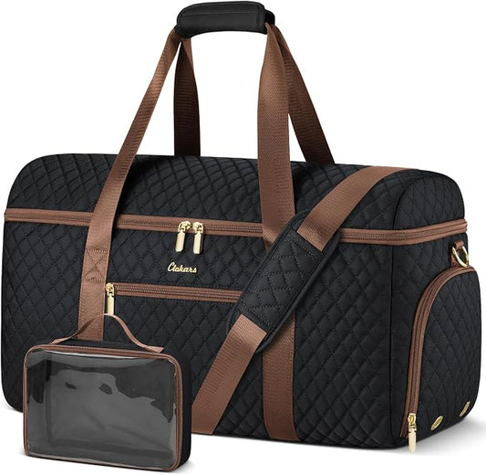 Weekender Bags for Women, Wide Open Large Travel Duffle Bag with Shoe Compartment, Overnight Carry on Bag Personal Item Travel Bag with Wet Pocket (Black Brown)