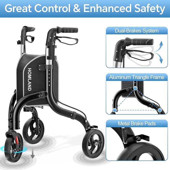 HOMLAND Foldable 3 Wheel Walkers for Seniors, Lightweight 10.4 lb | with Cane & Cup Holder, Height Adjustable, 8'' big wheel, Shiny Black
