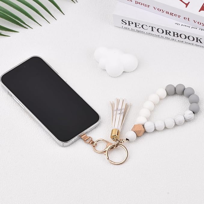 BAOSIWA Silicone Key Ring Bracelet Wristlet Keychain Unique Beaded Bangle Key Chains for Women with Leather Tassel