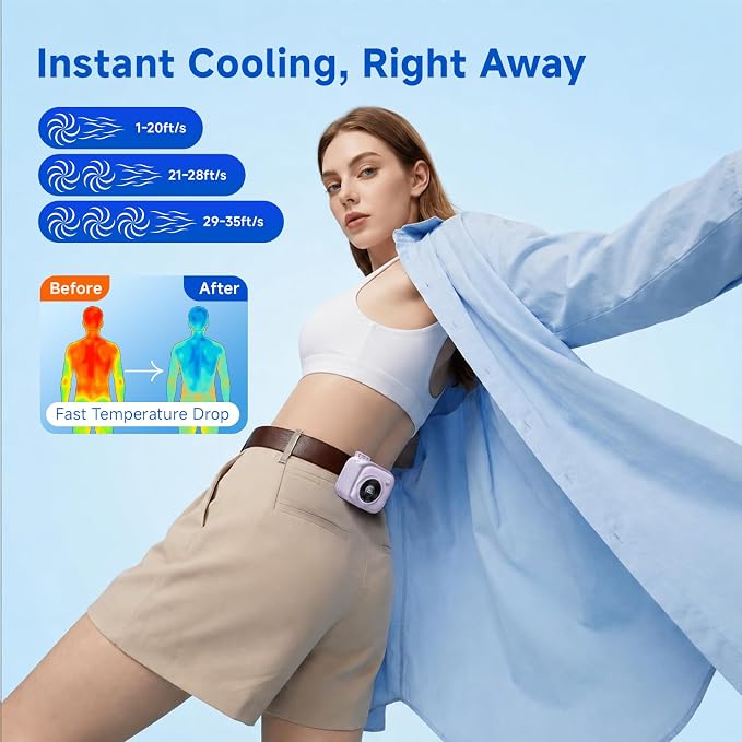 Portable Waist Fan, Rechargeable Wearable Fan w/ LED Display, 3 Speeds, 3000mAh Battery, 10H Runtime, Mini Turbo Airflow, Clip on Belt/Shirt/Hat, for Travel,Outdoor, Concert,Gift for Men Women-1 PACK