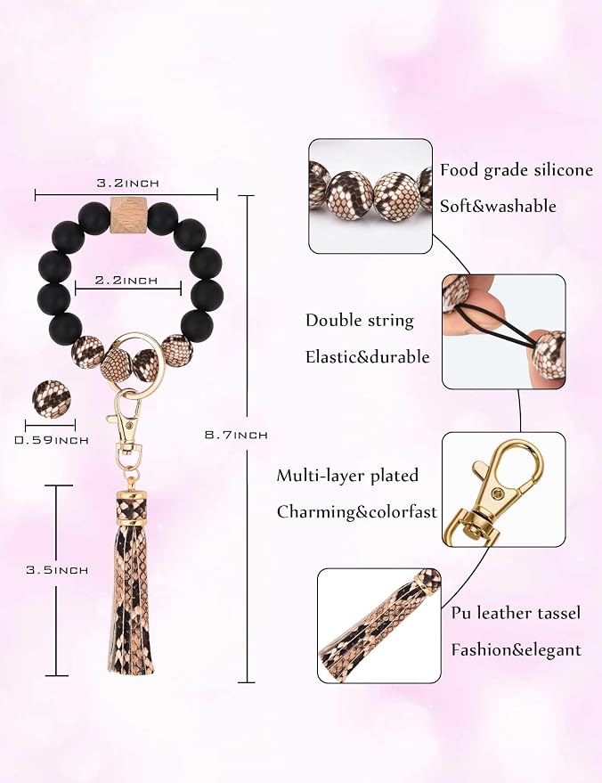 BAOSIWA Silicone Beaded Bracelet Keychain Wristlet Key Ring Bangle Chains for Women with Leather Tassel