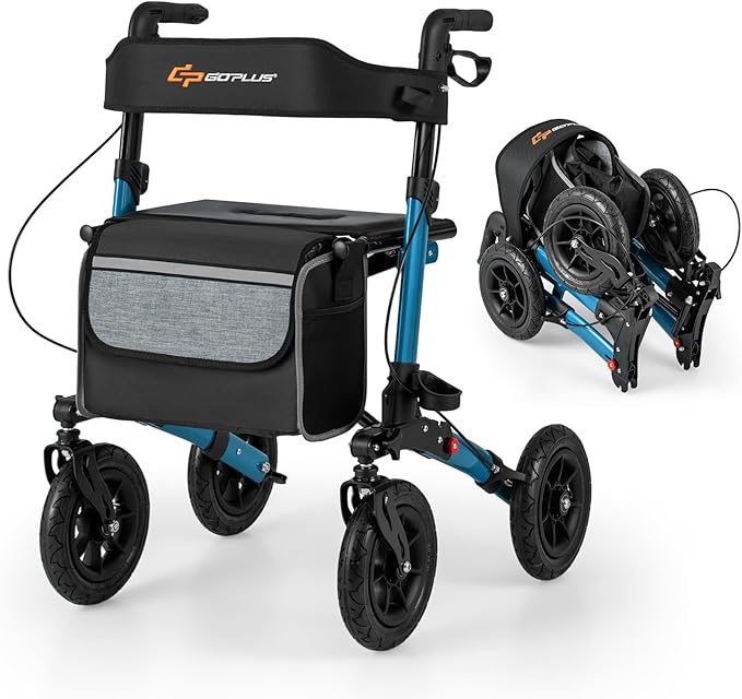 Goplus Walkers for Seniors with Seat, 2 in 1 Folding Rolling Rollator Walker with 9" Pneumatic Tires for All Terrain, Height Adjustment, Ergonomic Backrest, Aluminum Adult Mobility Walking Aid