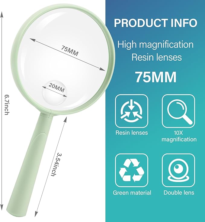 Feosky Handheld Reading Magnifier, 10X Magnifier, 75mm Shatterproof Lens, Adults Close Work Non-Slip Handle for Seniors Reading and Kids Nature Exploration (Green)