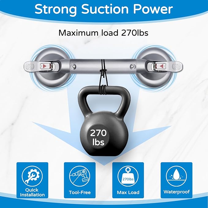 Suction Grab Bar for Shower Bathtub: Upgraded Heavy Duty Non-Slip Grip Handle with Strong Suction Cup for Bathroom Wall, Max Load 269LBS Safety Bar for Elderly Senior Disabled Handicap 17 Inch Silver