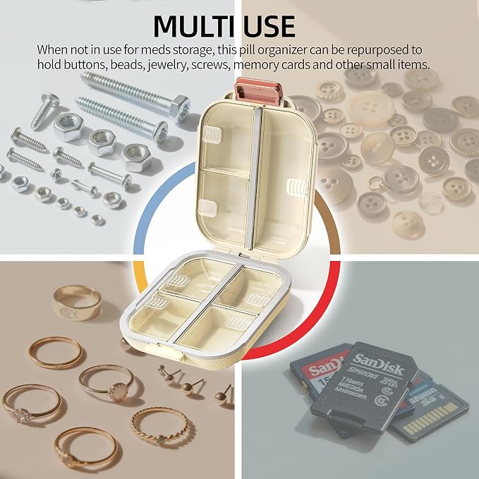 7 Compartments Travel Pill Organizer, Foldable Portable Airtight Daily Pill Box, Compact Pill Case for Purse & Pocket, BPA-Free Medicine Organizer for Vitamins Fish Oil Supplements (White)