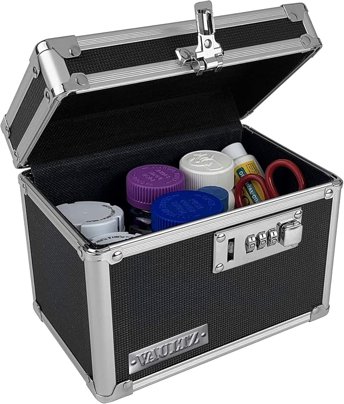Vaultz Medicine Lock Box - 4 Pack - 5 x 7 x 5 Inches - Secure Cabinet Safe with Combination Lock - Ideal for Medications and Small Valuables - Black