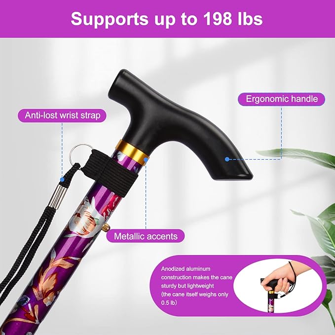 supregear Folding Cane, 5-Level Adjustable Height Walking Stick Lightweight Collapsible Portable Travel Cane with Wrist Strap and T Handle for Elderly Disabled Men Women
