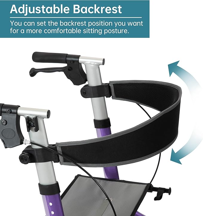 ELENKER All-Terrain Rollator Walker with Seat, Outdoor Rolling Walker, 12” Non-Pneumatic Tire Front Wheels, Compact Folding Design for Seniors, Purple