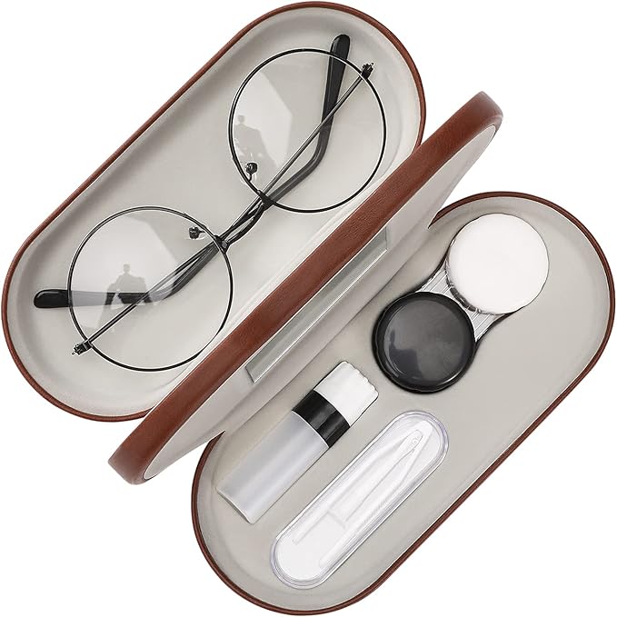 MoKo Double Eyeglass Case, Contact Lens Case with Mirror Tweezers Remover, 2 in 1 Double Sided Portable Contact Lens Box Holder Container Soak Storage Kit Sunglasses Pouch for Men & Women, Brown