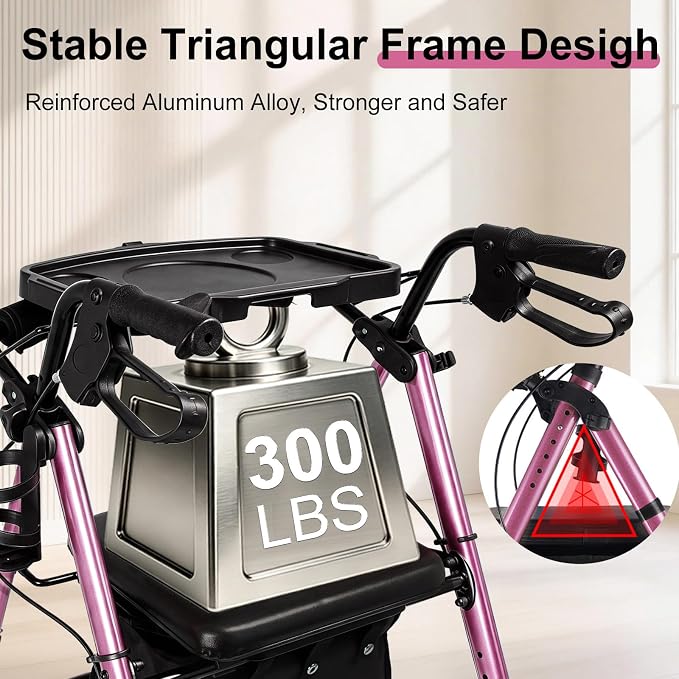 Foldable Rollator Walker for Seniors with Seat,4 Wheel Rolling Walkers | 300lbs walker with tray for Adults & Mobility Impaired|8" Airless Tires|Anti-tip brakes|Adjustable height|Tool-Free Assembly