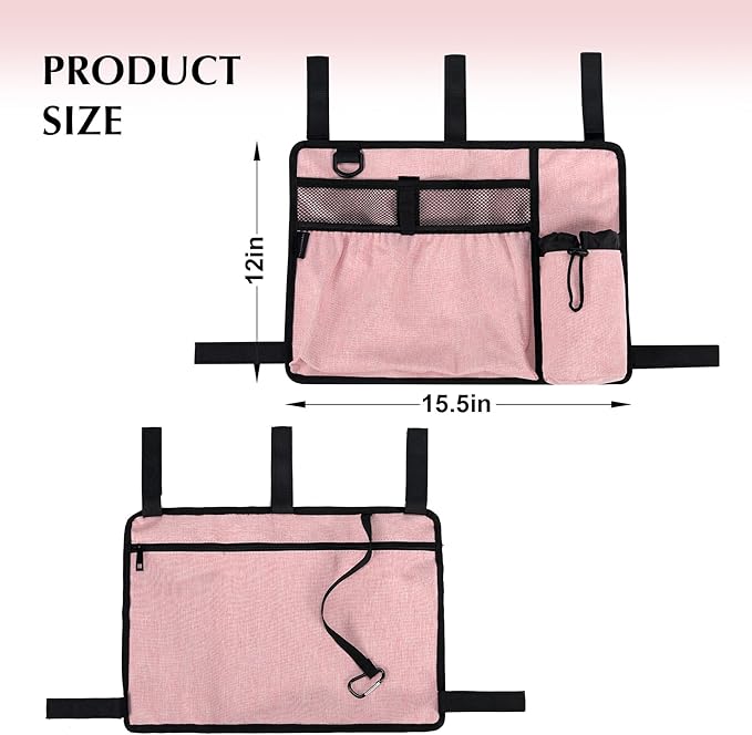 Walker Bags for Folding Walker Accessories Seniors Pouch Cup Holder Carry Organizer Storage Drive with Pockets Velcor Detachable -Pink