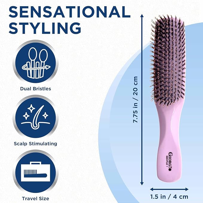 Giorgio Gentle Pink Hair Brush Set – Gift for Women, 2 Detangler Brushes (6.25" & 7.75"), Scalp Massager, Travel Hair Brush, Sensitive Scalp, All Hair Types