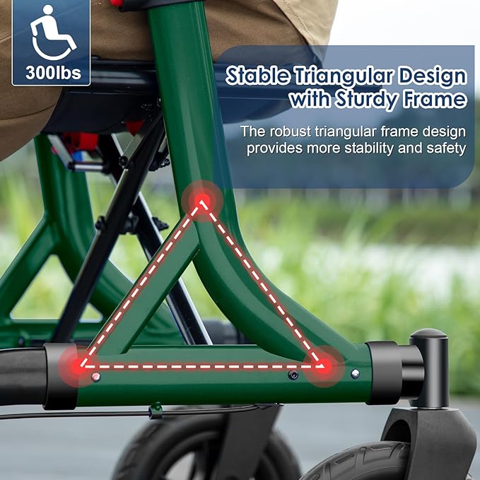 Walkers for Seniors, Rollator Walker with Seat, 10" Rubber Wheels All Terrain Rollator Walker with Backrest, Aluminum Walkers Built-in Cable, Foldable and Adjustable Height for Seniors, Green
