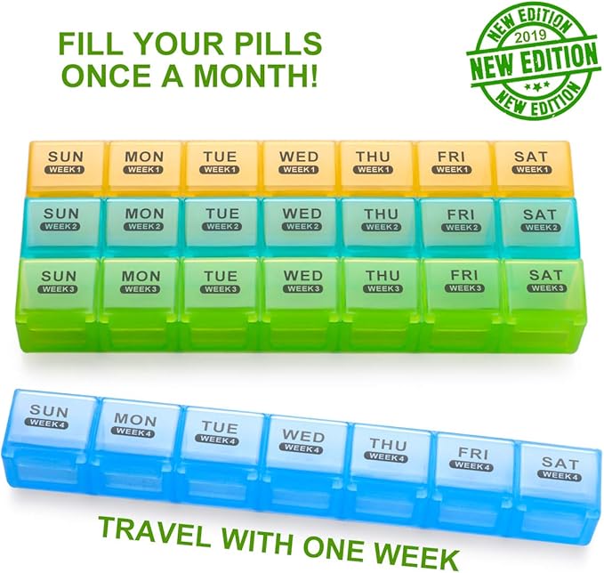 Sukuos Monthly Pill Organizer 28 Day Easy to Open, Large Moisture-Resistant Pill Box Cases with Dust-Proof Box and Clear Lid for Vitamin/Fish Oil/Supplements