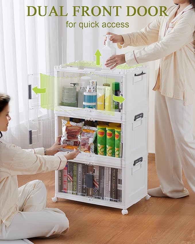 OlarHike 144QT Lockable Storage Bins with Lids - Folding Storage box with Doors and Wheels, Collapsible Plastic Bins for Closets, Stackable Organizer and Containers, Gifts, 3 Pack Cubes