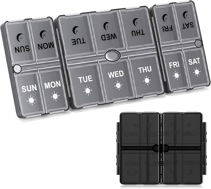 FYY Weekly Pill Organizer 2 Times a Day, Magnetic Travel Pill Box AM PM with Easy Open – 7-Day Daily Pill Case Medicine Organizer for Vitamins,Supplements - Clear Black