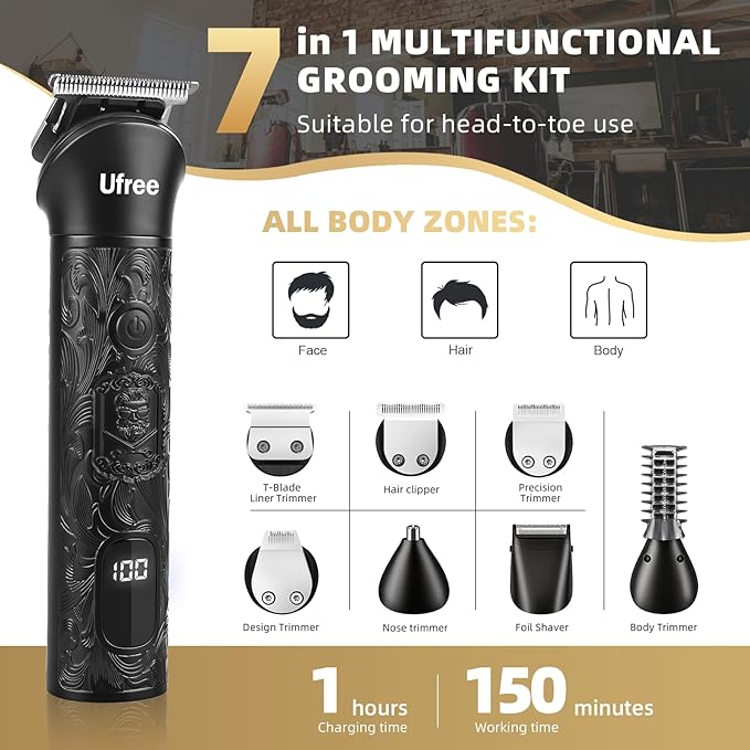 Ufree 7-in-1 Beard Trimmer for Men, Electric Razor Shaver, Men Grooming Kit | 1-10 mm Adjustable Comb for All Mustache Lengths, Type-C, LED Display, Versatile Use on Sideburns, Body, Nose Hair, Men Gift