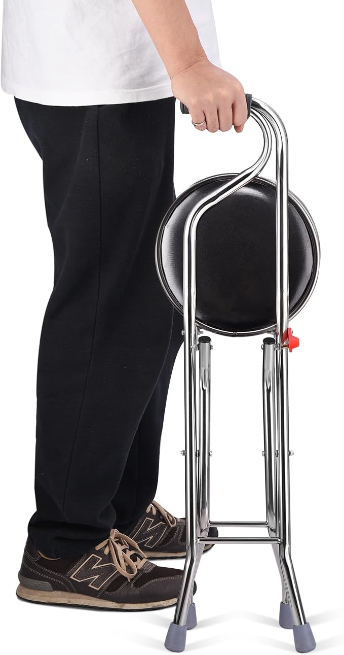 AW Lightweight Folding Walking Cane Stick with Seat Four Legged Portable | Travel Hiking Chair Stool Eldely Care Aid