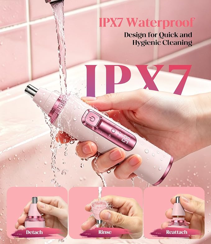 Nose Hair Trimmer for Women, 3-in-1 Painless & Gentle Trimmer for Nose, Eyebrows & Facial Hair, Type-C Rechargeable Precision Groomer with Double-Edged Blades, IPX7 Waterproof - Pink