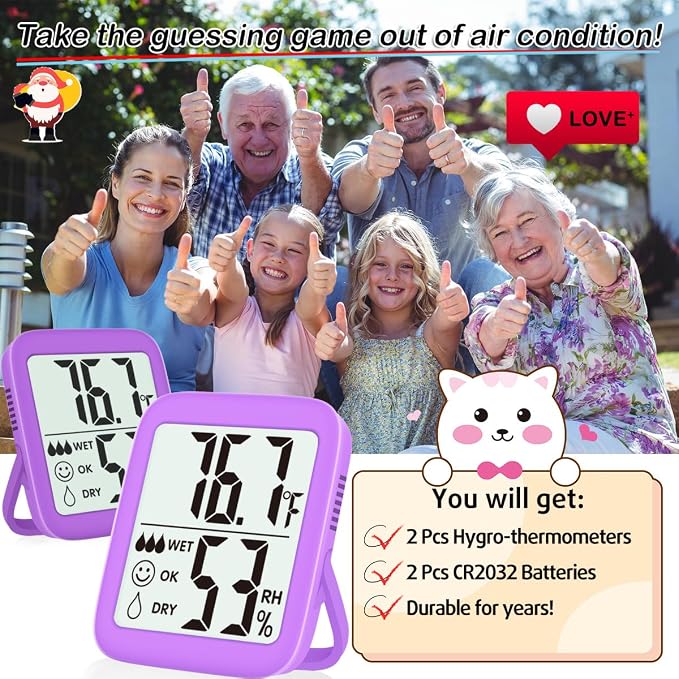 2 Pack Room Thermometer Indoor Hygrometer | Monitor Temperature & Humidity, Accurate, Fast Read, Easy To View, Magnetic/Kickstand/Hanging, ℉/℃, w/ Battery, Compact