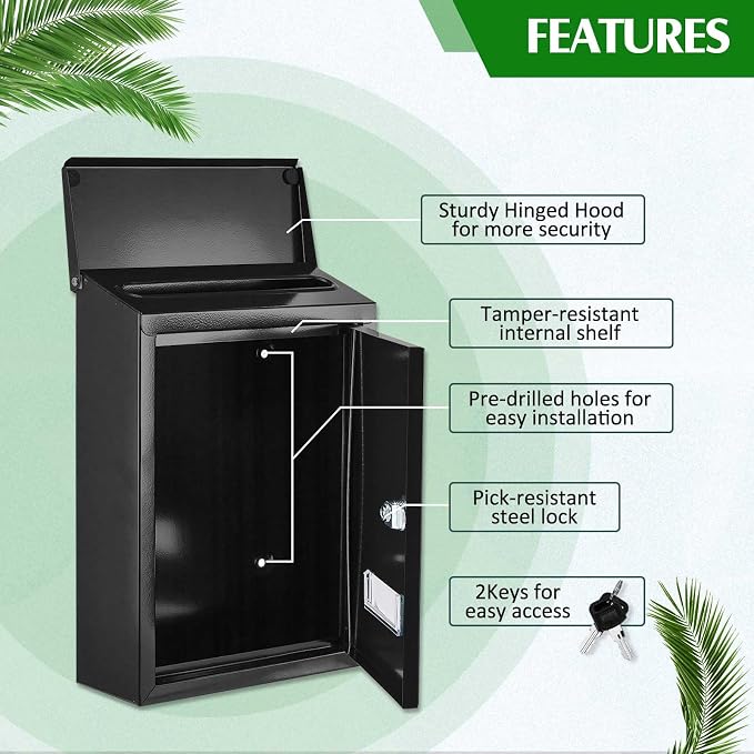 Amylove Weatherproof Mail Boxes with Key Lock, Security Locking Wall Mount Metal Mailbox with Slot for Outside, Large Capacity for Mail, Packages, Donations, Voting 11. 8"h x 8. 3"l x 2. 8"w, Black