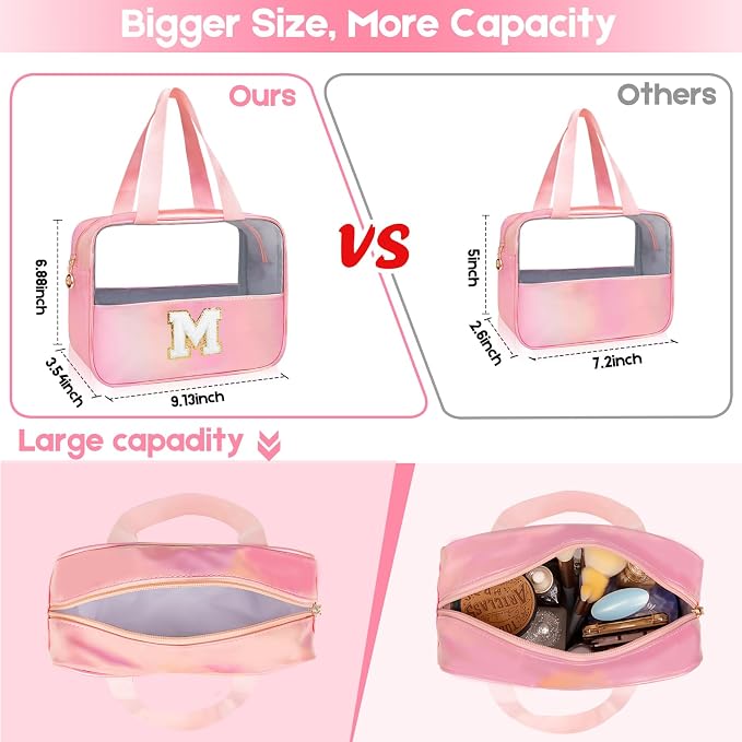 Initial Clear Makeup Bag Personalized Pink Clear Cosmetic Bag, Cute Large Make Up Bags Organizer Bag, Travel Toiletry Bag for Women Girl Gifts B (Pink)
