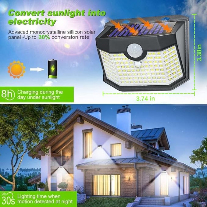 HMCITY 120 LED Outdoor Solar Lights with Motion Sensor and 3 Lighting Modes, IP65 Waterproof Wide Solar Wall Lights Ideal for Garden Patio Yard (Front Button 2Packs, Black Shell-Daylight White)