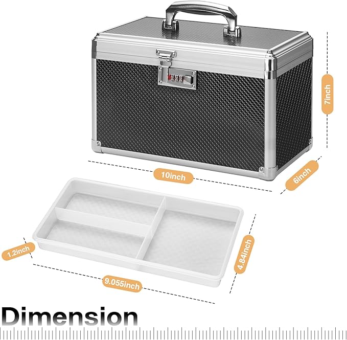 Medicine Lock Box with Combination Lock - 10 x 6 x 6.7 Inches - First Aid Safe Medication Storage Box, Personal Items Safe Case for Home and Outdoor - Black 【No Strap】