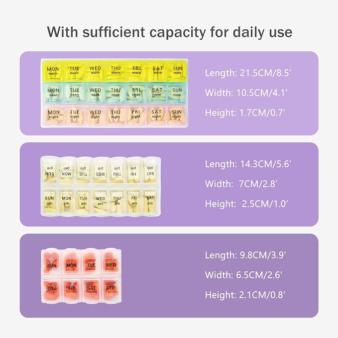Weekly Travel Pill Organizer Pill Case for Purse with Removable 7 Day Pill Box Holder,Cute Medication Organizer Pill Container for Medicine, Vitamin, Fish Oils,Supplement (Purple, Small)