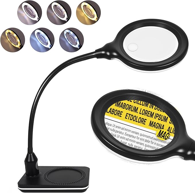 15X 30X Rechargeable Magnifying Glass with Light and Stand, 6 Color Adjustable dimming, Handheld Magnifying Desk lamp with LED Light, Suitable for Reading, Drawing, handicrafts and Detailed Work
