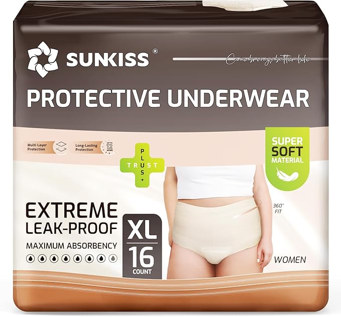SUNKISS Women Incontinence Underwear, Daytime Disposable Postpartum Adult Panties, Protective Pull Ups with Maximum Absorbency, XLarge, Beige, 16 Count