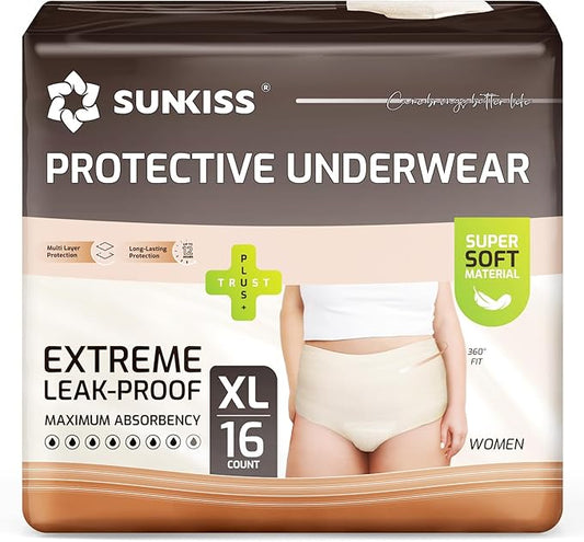 SUNKISS Women Incontinence Underwear, Daytime Disposable Postpartum Adult Panties, Protective Pull Ups with Maximum Absorbency, XLarge, Beige, 16 Count